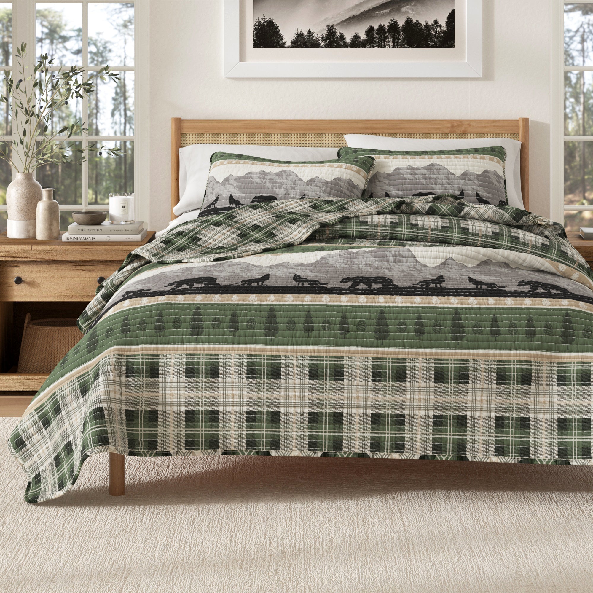 "Lodge Quilt - Green With Bears, Woods & Mountains"