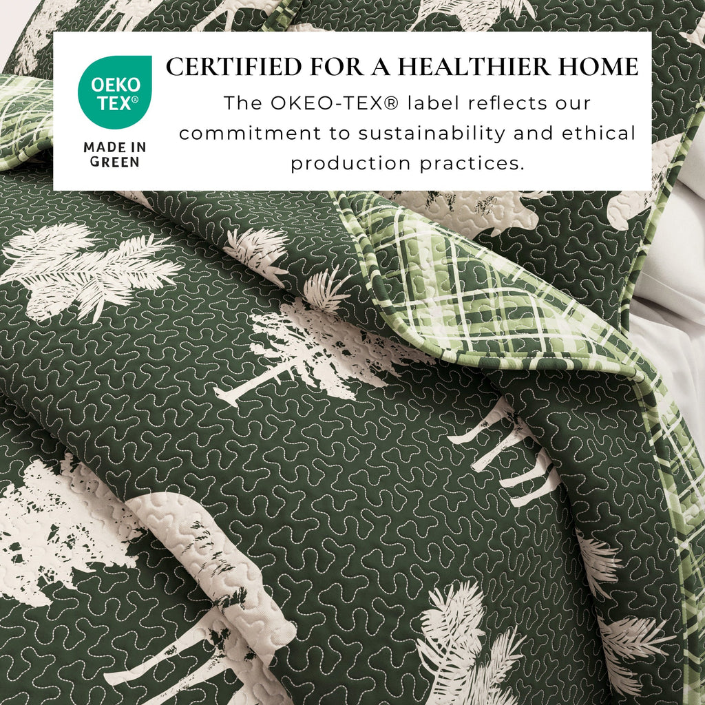 "Lodge Quilt - Green With Deer, Moose, Trees - Fall Themed Bedding"