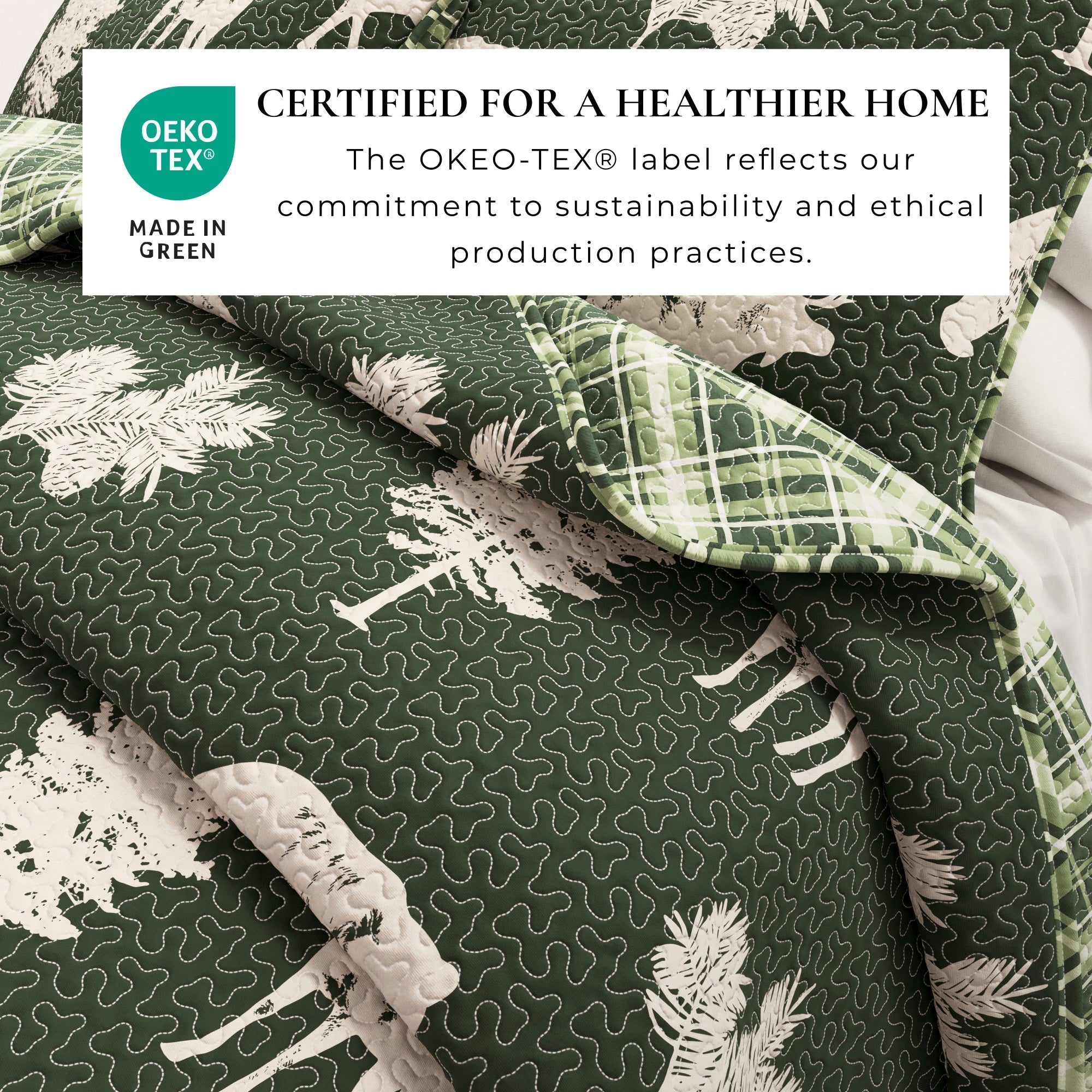 "Lodge Quilt - Green With Deer, Moose, Trees - Fall Themed Bedding"